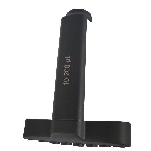 LN SP19533 Black Axypet Pro/Lambda EliteTouch Tip Ejector, 8-channel, 200 µL (Corning), with flat base and vertical handle labeled "10-200 WL." Compatible with Lambda EliteTouch multichannel pipettes for reliable lab use.