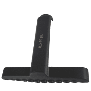 A black Axypet Pro / Lambda EliteTouch Tip Ejector pipette stand (Corning) holds multiple pipettes, including a Multichannel 12 Channel 10µL model, shown against a white background.