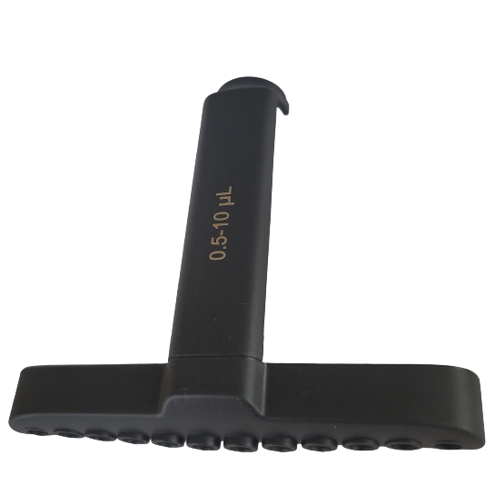 LN SP19535 A black Axypet Pro / Lambda EliteTouch Tip Ejector pipette stand (Corning) holds multiple pipettes, including a Multichannel 12 Channel 10µL model, shown against a white background.