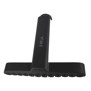 Black Axypet Pro / Lambda EliteTouch Tip Ejector multichannel pipette manifold, Corning, 12 channel, labeled 50 µL, shown against a white background.