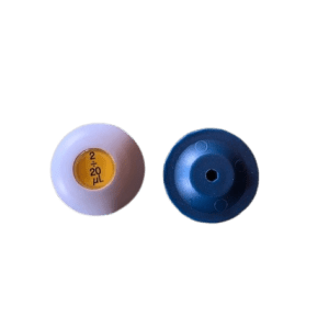 Two Gilson Pipetman / Rainin Classic Counter Removal Tools for pipette supplies are shown: the left tool is white with a yellow 2-20 μL center, compatible with Rainin Classic and Gilson Pipetman; the right tool is dark blue.