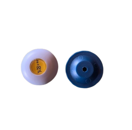 Two Gilson Pipetman / Rainin Classic Counter Removal Tools for pipette supplies are shown: the left tool is white with a yellow 2-20 μL center, compatible with Rainin Classic and Gilson Pipetman; the right tool is dark blue.