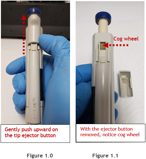 Figure 1.0 and 1.1. Push upward on the tip ejector button. Notice cog wheel.