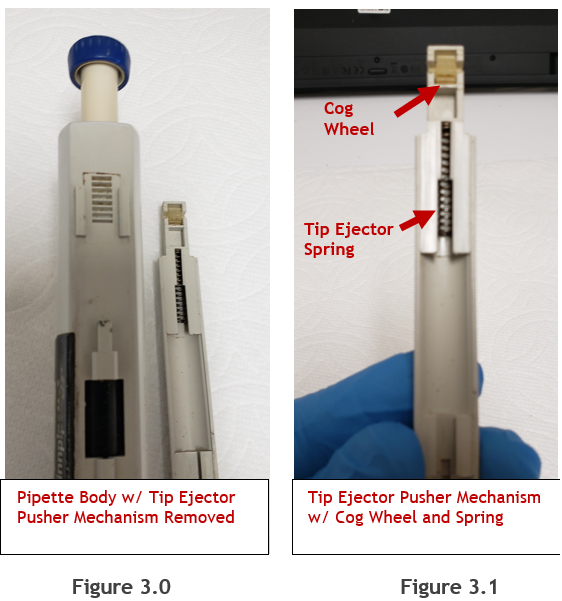 Figure 3.0 and 3.1. Pipette body with tip ejector removed. Pusher mechanism with cog wheel and spring.