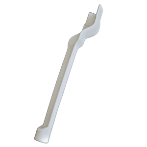 A white Rainin Pipet-Lite XLS/XLS+, E4 XLS/XLS+ tip ejector arm made of PVDF plastic, with contoured shaft and various ends for LTS (100µL/200µL) and traditional shafts (200µL/300µL), is isolated on a white background.