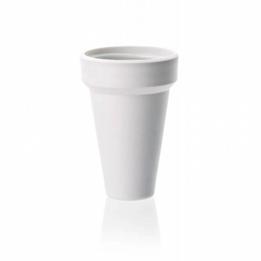 A plain white, disposable styrofoam cup stands upright against a white background, resembling the sleek design of the BrandTech Accu-jet S Adapter Housing in white.