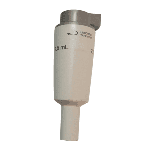Close-up of a red Eppendorf Ejector Sleeve, Single Channel, 2.5mL, featuring measurement markings and an unscrew-for-removal indicator.