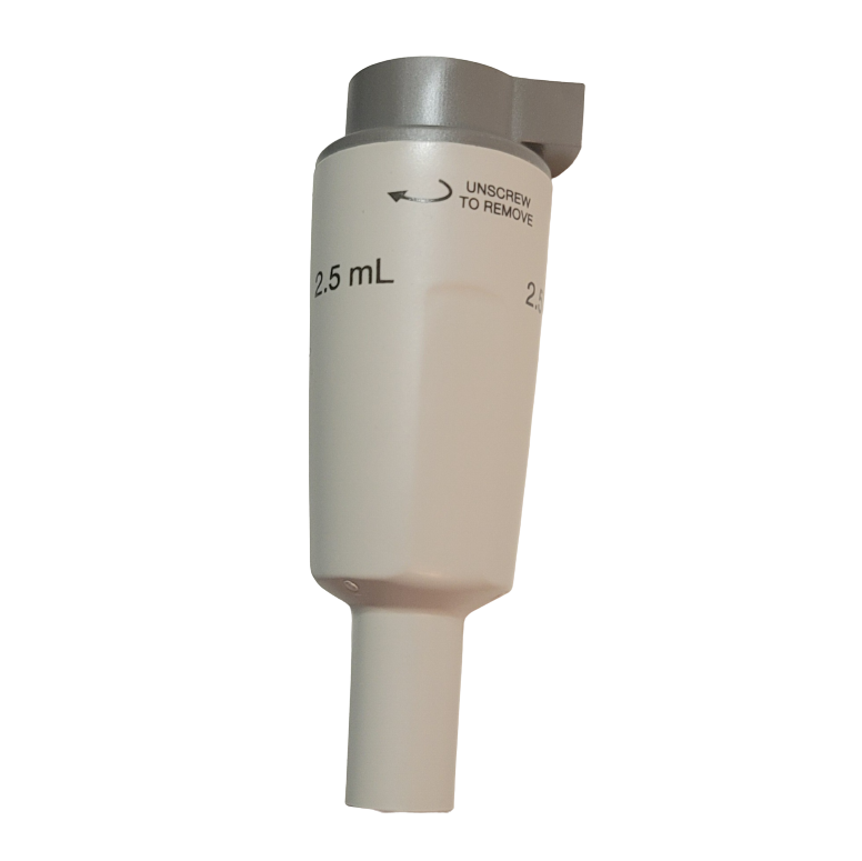 EP 3120651004 Close-up of a red Eppendorf Ejector Sleeve, Single Channel, 2.5mL, featuring measurement markings and an unscrew-for-removal indicator.