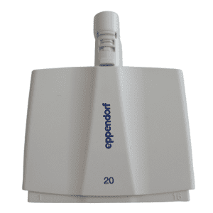 A white 16-channel Eppendorf Xplorer Plus pipette head, 20μL capacity, labeled "20" in the center and "1" and "16" at the bottom edges, designed for precise multichannel use.