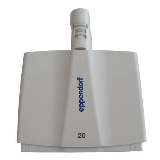EP 3122825000 A white 16-channel Eppendorf Xplorer Plus pipette head, 20μL capacity, labeled "20" in the center and "1" and "16" at the bottom edges, designed for precise multichannel use.