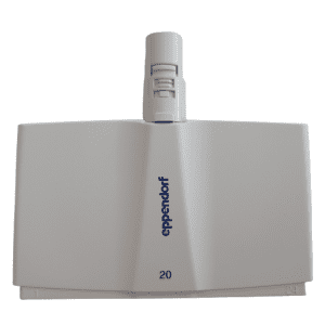 A white Eppendorf Research Plus Xplorer Plus stand with a gray top holder, designed for multichannel or 24-channel 20μL pipettes.
