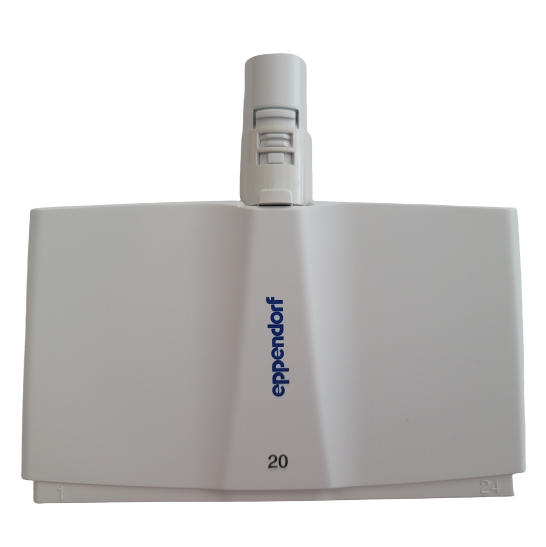 EP 3122825001 A white Eppendorf Research Plus Xplorer Plus stand with a gray top holder, designed for multichannel or 24-channel 20μL pipettes.