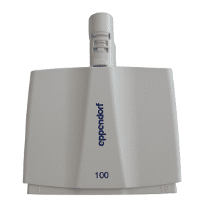 A white Eppendorf Research Plus Xplorer Plus 16-channel 100μL multichannel pipette head, with "100" label and numbers 1 and 16 on the bottom corners.