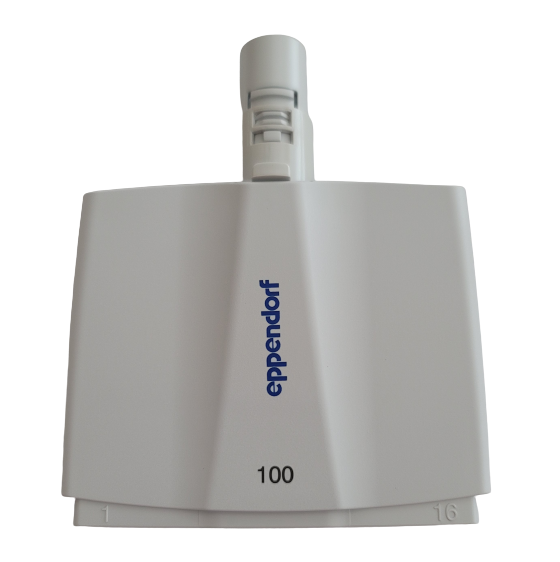 EP 3122825002 A white Eppendorf Research Plus Xplorer Plus 16-channel 100μL multichannel pipette head, with "100" label and numbers 1 and 16 on the bottom corners.