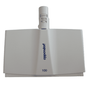 A white Eppendorf Research Plus Xplorer Plus case/bottom stand for 24-channel, 100μL multichannel pipettes, labeled "100" with a central connector and blue logo on the front.