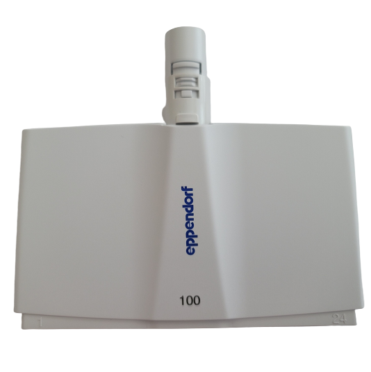 EP 3122825003 A white Eppendorf Research Plus Xplorer Plus case/bottom stand for 24-channel, 100μL multichannel pipettes, labeled "100" with a central connector and blue logo on the front.