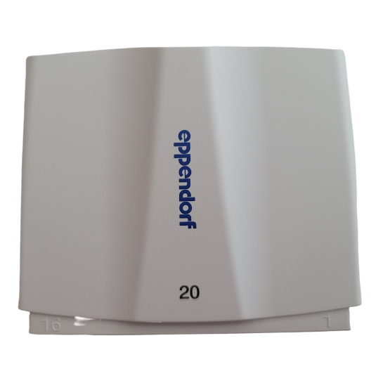 EP 3122826000 White plastic Eppendorf cover, labeled with blue text and the number 20; bottom features numbers 16 and 1. Designed for Research Plus or Xplorer Plus multichannel, 16-channel pipettes, 20μL (Eppendorf).