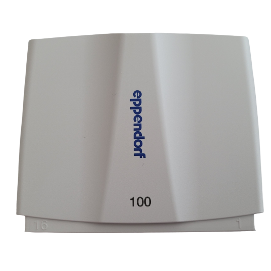 EP 3122826002 White plastic Eppendorf Research Plus/Xplorer Plus Multichannel 16 Channel 100μL cover with blue logo, "100" printed below, and numbered edges (16 left, 1 right)—ideal for multichannel lab setups.