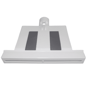 White rectangular plastic vacuum cleaner attachment with two black strips and a central tube connector, inspired by the precise design of Eppendorf Move It Pipettes – Research Plus, Xplorer Plus, Ejector, Multichannel (20μL/100μL).