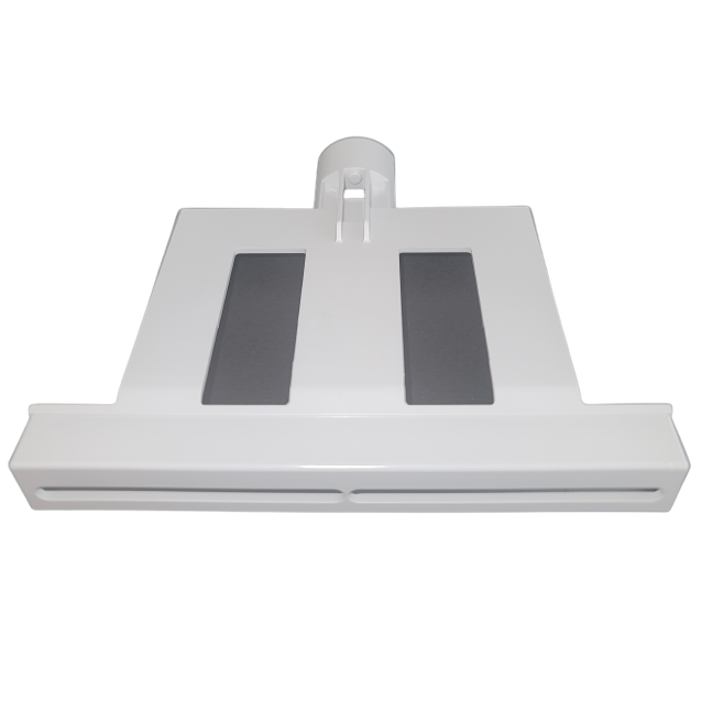 White rectangular plastic vacuum cleaner attachment with two black strips and a central tube connector, inspired by the precise design of Eppendorf Move It Pipettes – Research Plus, Xplorer Plus, Ejector, Multichannel (20μL/100μL).
