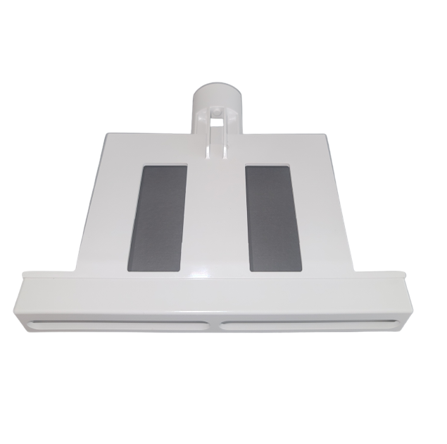 White plastic vacuum cleaner floor attachment with two black felt strips and a cylindrical top connector, featuring an ergonomic design inspired by Eppendorf Move It Multichannel Pipettes (Research Plus, Xplorer Plus, Ejector, 300μL).