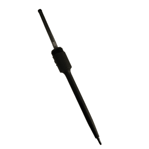 A black soldering iron with a pointed metal tip and cylindrical handle, photographed on a white background, similar in precision to the Thermo Scientific Finnpipette F1 ClipTip Upgrade 2μL Micro Plastic Tip Cone Assembly.