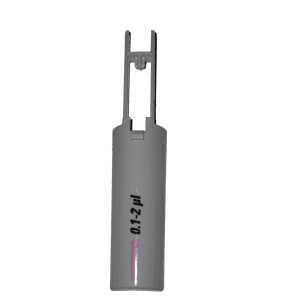 A white Thermo Scientific Finnpipette F1 ClipTip Upgrade, Tip Ejector Pusher Lower Part, 0.1-2μL Micro, is pictured with a vertical top opening and side labeling, shown against a white background for easy tip removal convenience.
