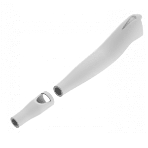 A 3D rendering of the light gray Pipetman Plastic Tip Ejector with Adapter for models P2, P10, P2N, P10N, P2G, P10G, P2L, and P10L (Gilson), showing its two-piece tubular design with one hollow cylindrical part detached.