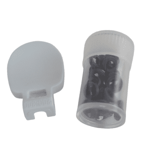 A plastic container holds small black Gilson V-Rings with a separate gray removal tool, both compatible with Pipetman L Multichannel pipettes (8 & 12 channels, Px200LVR/Px300LVR, 200μL/300μL).