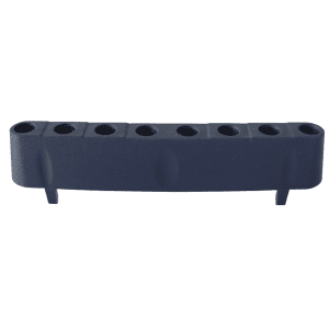 Black plastic ejector spacer for Gilson Pipetman L Multichannel, 8 Channel, D10; features seven circular holes in a row and two downward prongs.