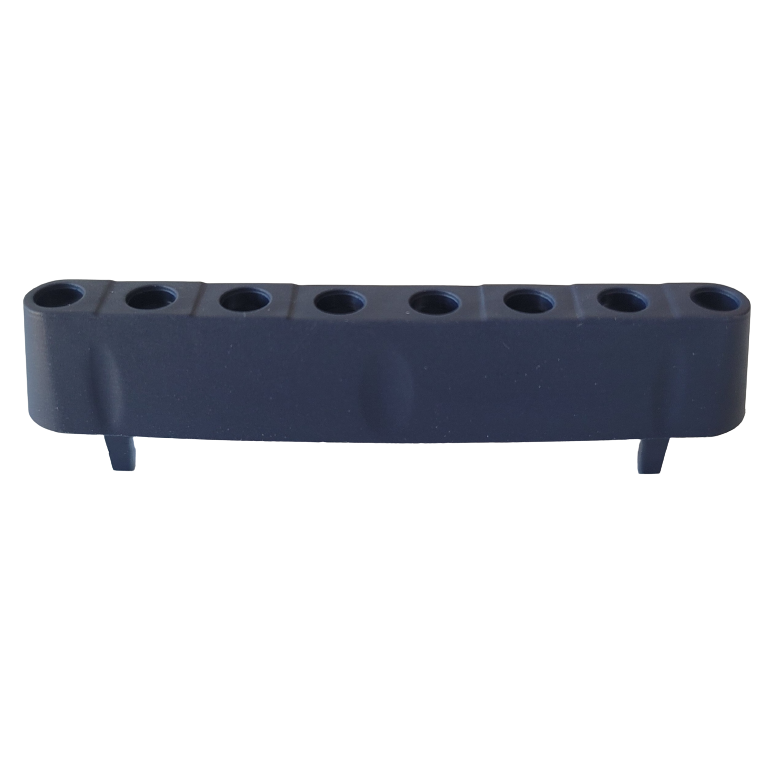 GI FA07360 Black plastic ejector spacer for Gilson Pipetman L Multichannel, 8 Channel, D10; features seven circular holes in a row and two downward prongs.