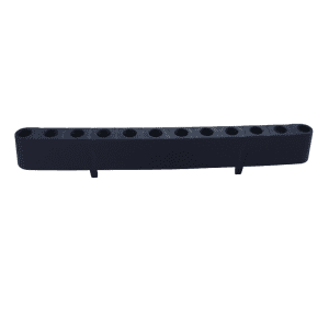 Black plastic ejector spacer holder for Pipetman L Multichannel, 12 Channel, D10 (Gilson), featuring ten round slots and two bottom support tabs, shown against a white background.