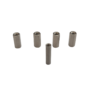 GI FA07372 Five metal hexagonal standoffs from the Pipetman L Multichannel Spacer Kit (8 & 12 Channel, PX1200L, 1200µL, Gilson) are upright on a white background—one in the center and four around it, ideal for multichannel assemblies.