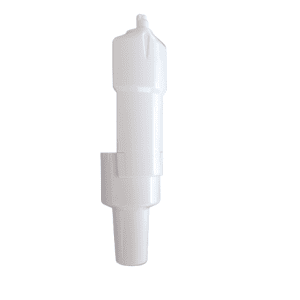 White plastic Pipetman L Plastic Ejector, Single Channel, P10MLL, 10mL (Gilson) cartridge standing vertically on a white background, designed for compatibility with the Gilson Pipetman L Single Channel system.