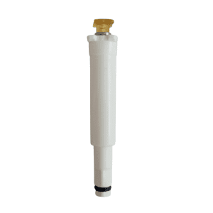 A white cylindrical Pipetman L Piston Assembly with V-Ring for 8 & 12 channel use (Px300LVR, 300μL, Gilson), featuring a yellow cap and black base ring, stands vertically against a white background.