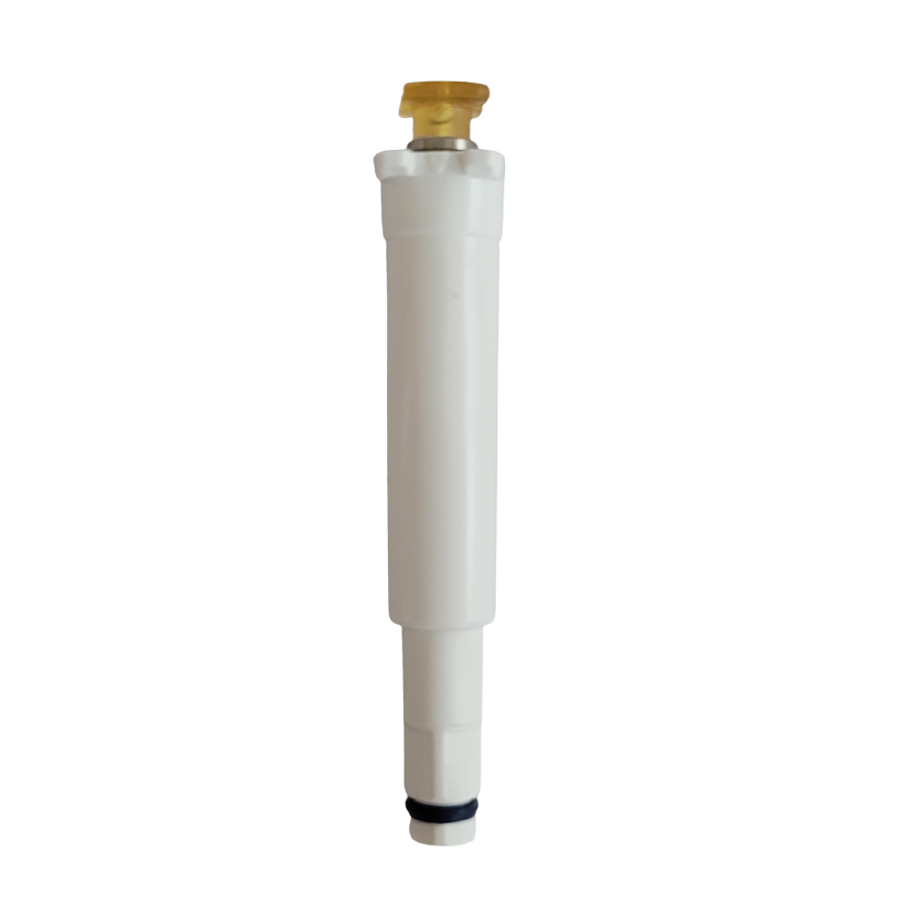 GI FA07380 A white cylindrical Pipetman L Piston Assembly with V-Ring for 8 & 12 channel use (Px300LVR, 300μL, Gilson), featuring a yellow cap and black base ring, stands vertically against a white background.