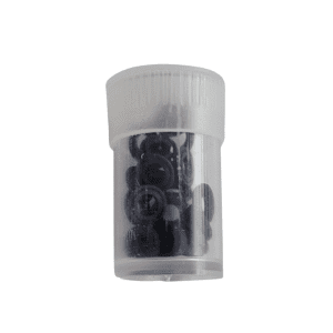 A small clear plastic container holds black V-Rings, compatible with Gilson Pipetman L Multichannel 200μL and 300μL pipettes (Px200LVR, Px300LVR), 8 & 12 channels, shown against a white background. Contains 24-pack.
