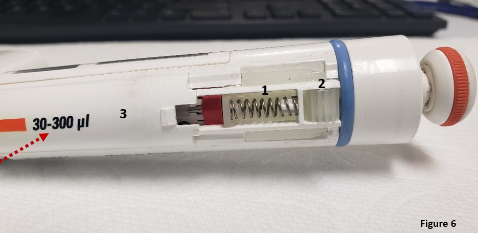 Internal components of Finnpipette F1 / F2 tip ejector mechanism
