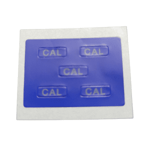 The Eppendorf Calibration Seal, CAL, Blue, Rectangular, Set of 5 features five white CAL labels in blue rectangles on a white background.