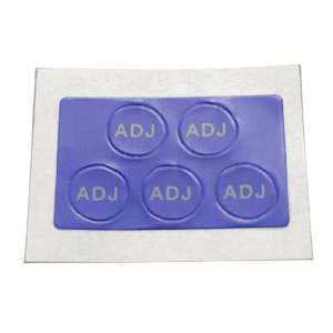 Set of 5 Eppendorf Adjustment Seals—round, blue adhesive labels with "ADJ" in gray; ideal for labeling.