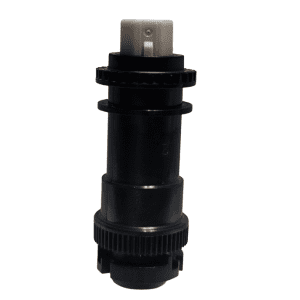 A black and beige plastic nozzle with threaded ends and gear-like rings, resembling the Research Plus Spindle Unit, 2.5mL (Eppendorf), stands upright against a white background.