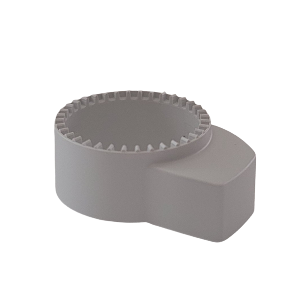 The Research Plus Xplorer Plus Ejection Carrier for Multichannel 1200μL (Eppendorf) is a white plastic circular carrier with gear-like inner teeth and a rectangular side extension, designed for multichannel applications.