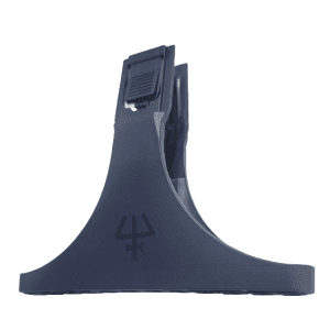 A black plastic stand with a trident symbol and top slot for holding the Pipetman L Plastic Ejector, Multichannel, 8 Channel (10μL, 20μL, 200μL, 300μL) from Gilson.