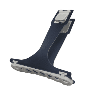 A navy blue and white foldable plastic stand, perfect for holding devices or lab tools like the Pipetman L Tip Ejector Assembly, Multichannel, 12 Channel, 1200μL (P12x1200L Gilson).