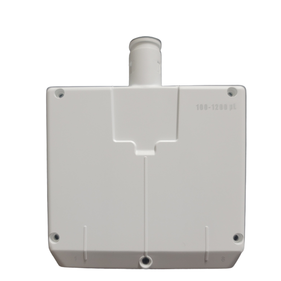 GI FA07362 White plastic rectangular cover with a cylindrical nozzle on top, faint 100-1200μL marking—resembles the Pipetman L Housing/Cover Assembly for Gilson's 12-channel multichannel pipette (100-1200μL) used in precise liquid handling.