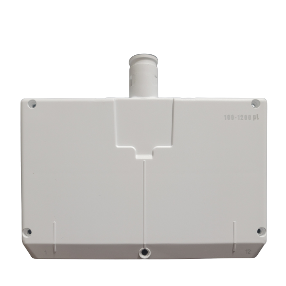 GI FA07363 Rectangular white plastic cover for Gilson Pipetman L Multichannel Pipette, 12 channel, 100-1200 μL, with central cylindrical connector on top and "1" and "12" markings at the bottom corners.
