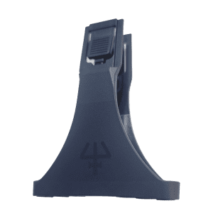 A black plastic stand with a clip and trident-like symbol, shown from a low angle, ideal for holding your Gilson Pipetman L Plastic Ejector Multichannel pipette (8 channel, 10μL–300μL) securely.