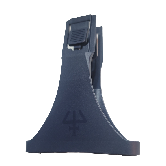 GI FA07375 A black plastic stand with a clip and trident-like symbol, shown from a low angle, ideal for holding your Gilson Pipetman L Plastic Ejector Multichannel pipette (8 channel, 10μL–300μL) securely.