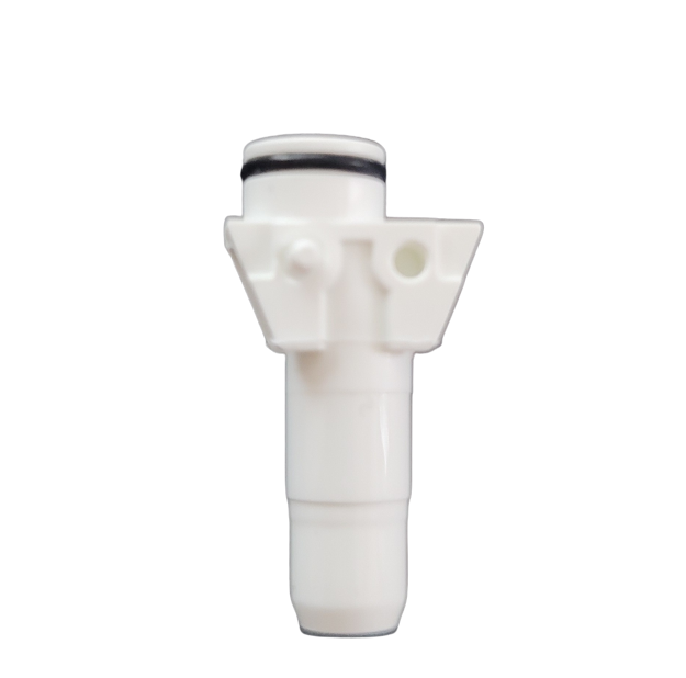 GI FA07364 The Pipetman L Tip Holder with O-ring, for 1200μL multichannel pipettes (P8x1200L, P12x1200L, Gilson), is a white cylindrical plastic holder with two side flanges and a small hole, shown isolated on a white background.