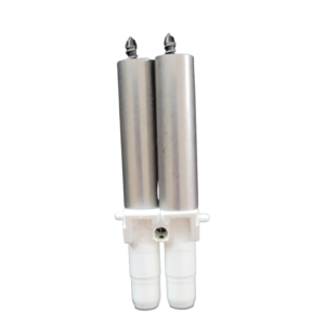 Two cylindrical stainless steel filter cartridges with white plastic connectors and screw caps, shown on a white background, compatible with the Pipetman L Central Tip Holder and Piston Assembly Multichannel 1200μL (P8x1200L, P12x1200L) by Gilson.